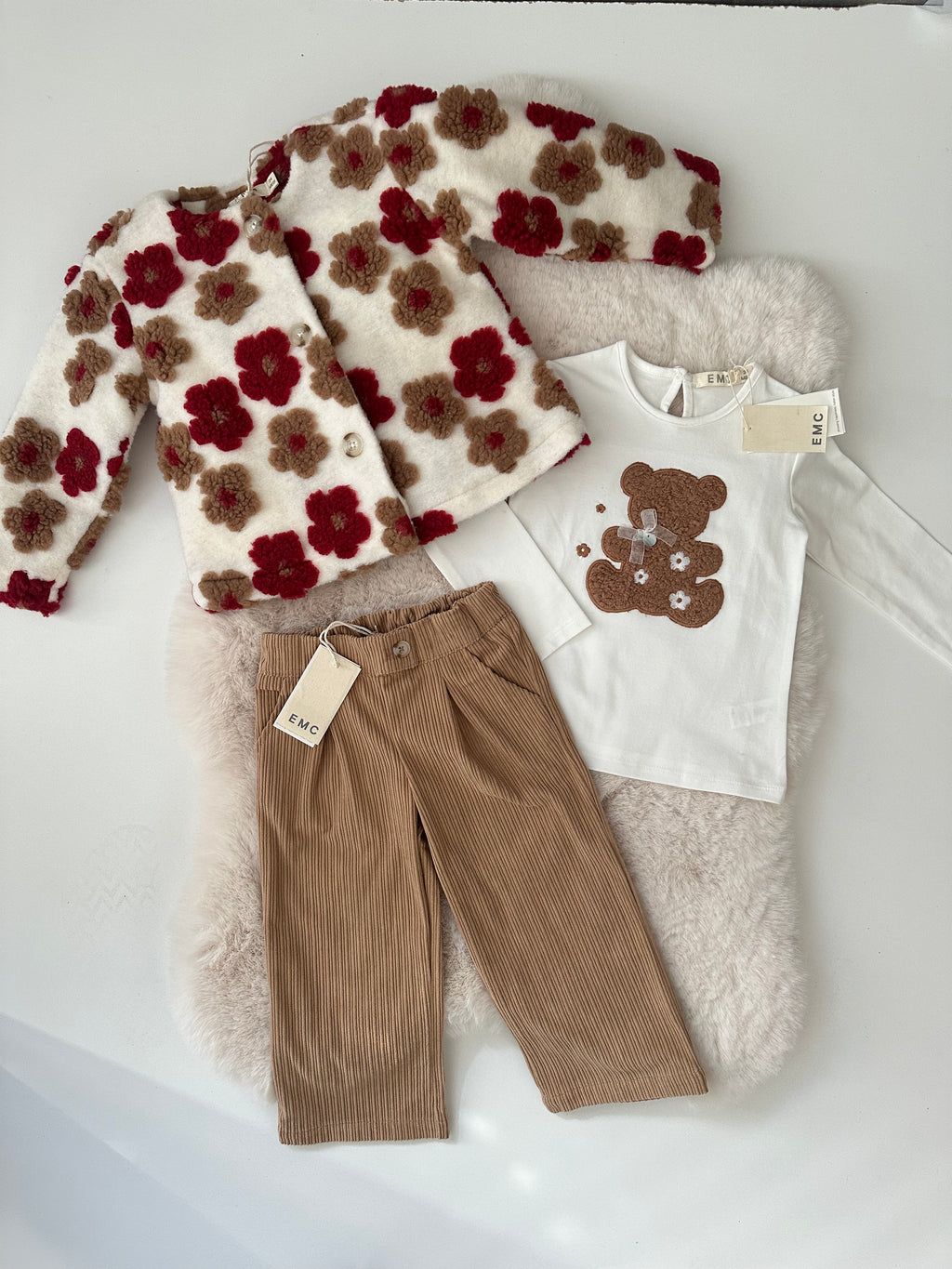 EMC – Pluche Teddy Jasje met Bloemenprint (Ecru/Bordeaux/Camel)